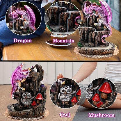 Dragon Backflow 2 Sided Mountain Waterfall Incense Burner,Fountain Smoke Incense Holder with Backflow Incense Cones, Tweezers, Mat，Resin Aromatherapy Meditation (Green)