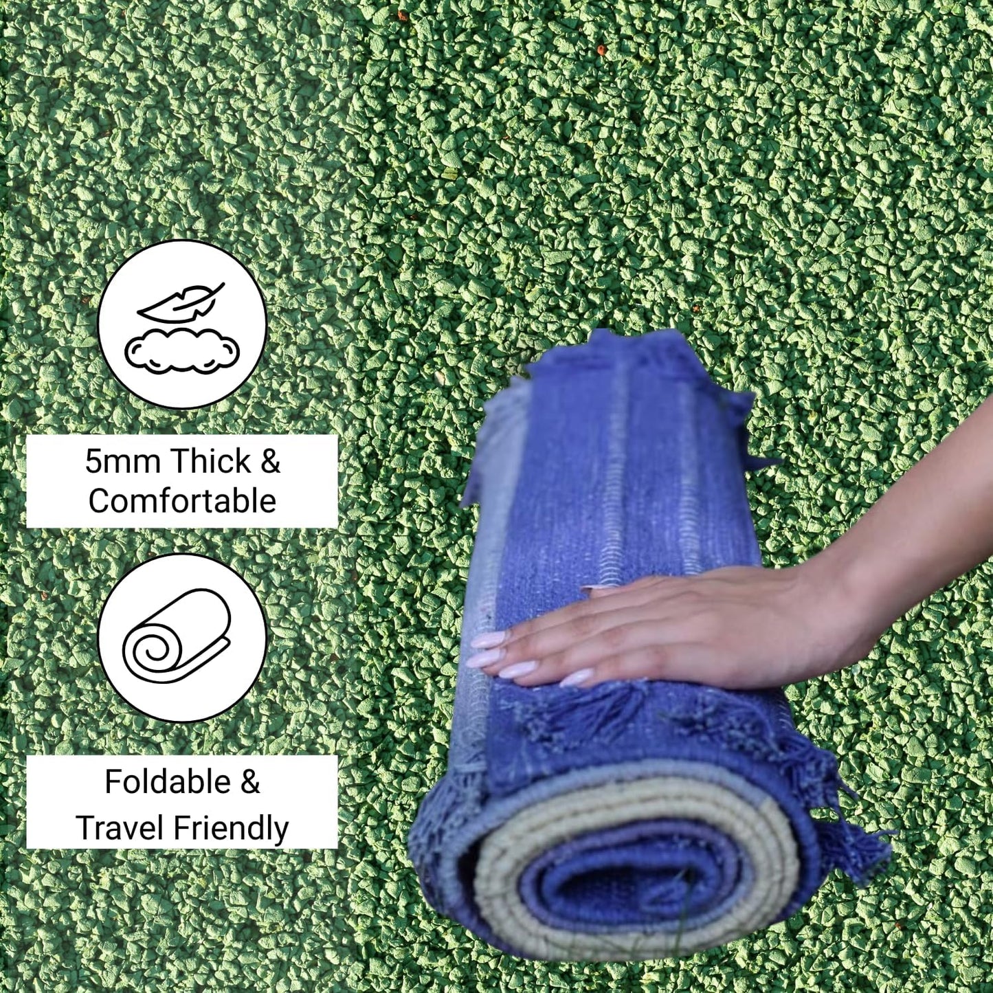 Indian Handmade100 % Organic Anti Skid Multi Colour Cotton Yoga Mat - Eco-Friendly Hand-Woven Rug - Non-Slip & Thick (24”x72”x5mm) for Hot yoga & Everyday Fitness at Home - Comfortable & Foldable Extra-Long Mat