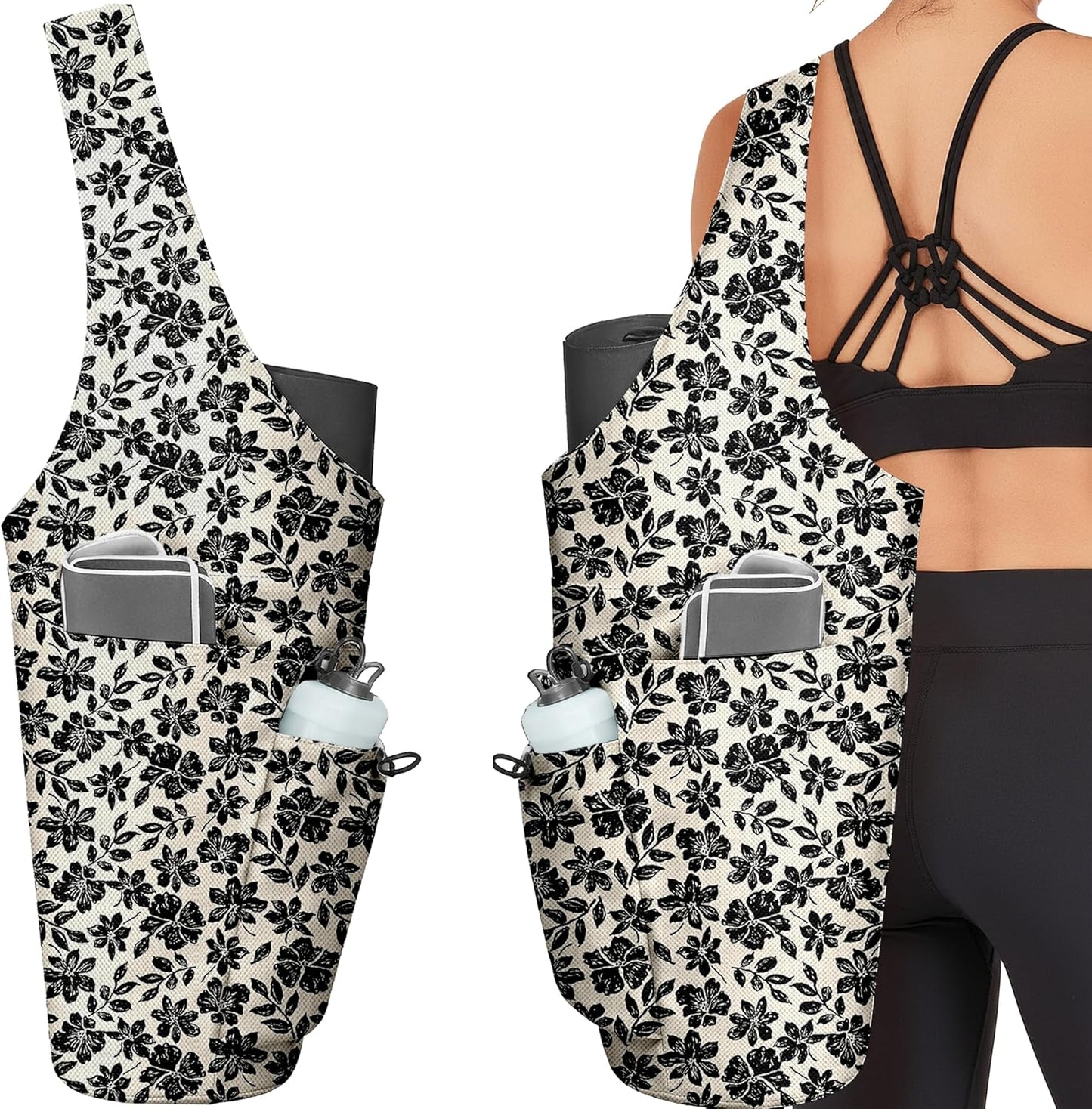 Yoga Bag for Women, Large Yoga Mat Bag Tote Carrier with Wet Dry Pocket, Water Bottle Holder & Adjustable Strap, Fits 1/2" Thick Yoga Mat for Gym, Pilates, Travel, Work