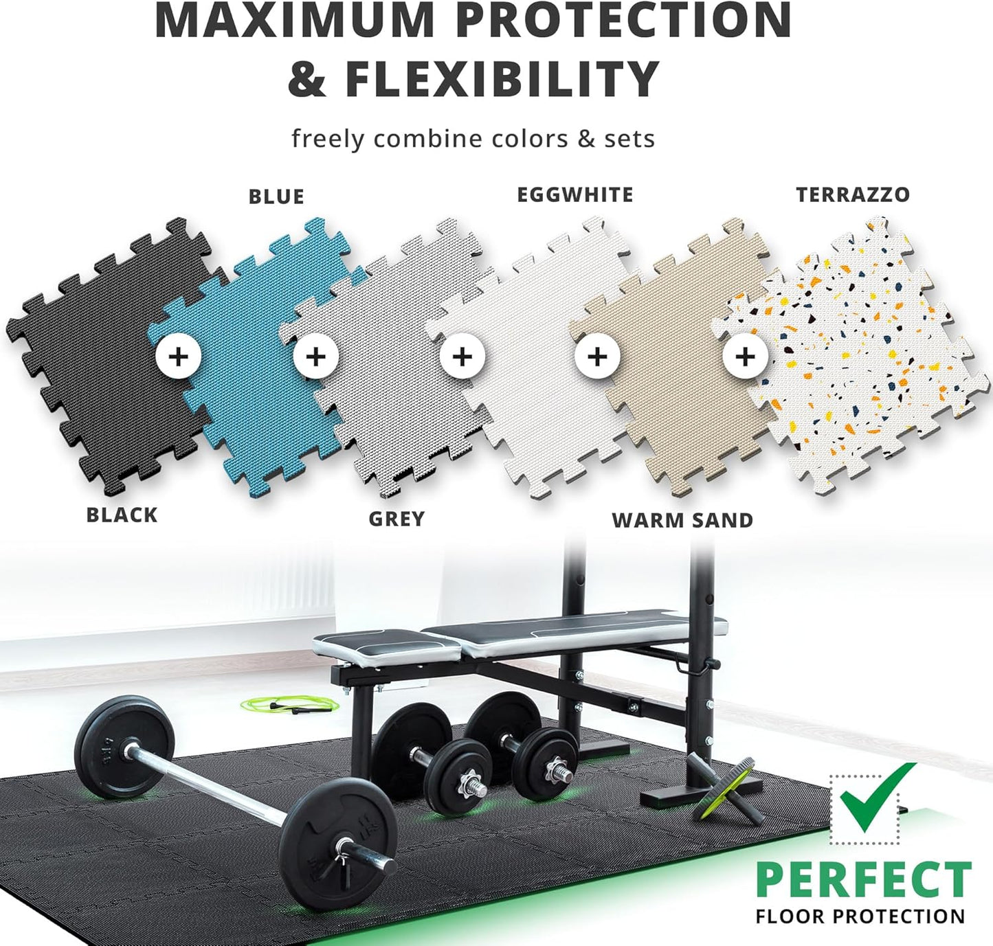 bemaxx Gym Mats Set - 18 pcs EVA Interlocking Foam Floor Tiles (12.6"x12.6"x0.4") 18sqft Protective Gym Flooring Sports Home Workout Exercise Mats Puzzle Garage Fitness Play-Room Pool Treadmill Bike