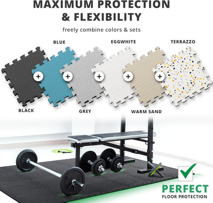 bemaxx Gym Mats Set - 18 pcs EVA Interlocking Foam Floor Tiles (12.6"x12.6"x0.4") 18sqft Protective Gym Flooring Sports Home Workout Exercise Mats Puzzle Garage Fitness Play-Room Pool Treadmill Bike