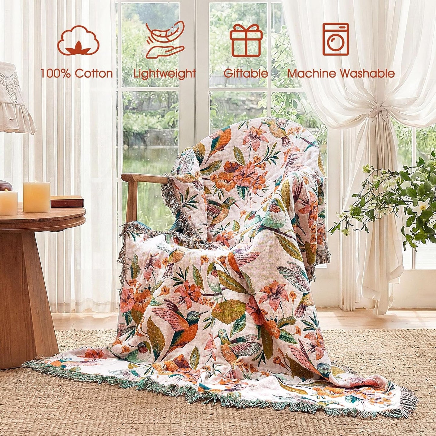 Boho Throw Blanket - 100% Cotton Soft Summer Throw Blanket for Bed, 50"x60" Reversible Breathable Lightweight Blankets, All Seasons Farmhouse Decor Floral Plant Butterfly Throw Quilt