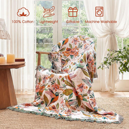 Boho Throw Blanket - 100% Cotton Soft Summer Throw Blanket for Bed, 50"x60" Reversible Breathable Lightweight Blankets, All Seasons Farmhouse Decor Floral Plant Butterfly Throw Quilt