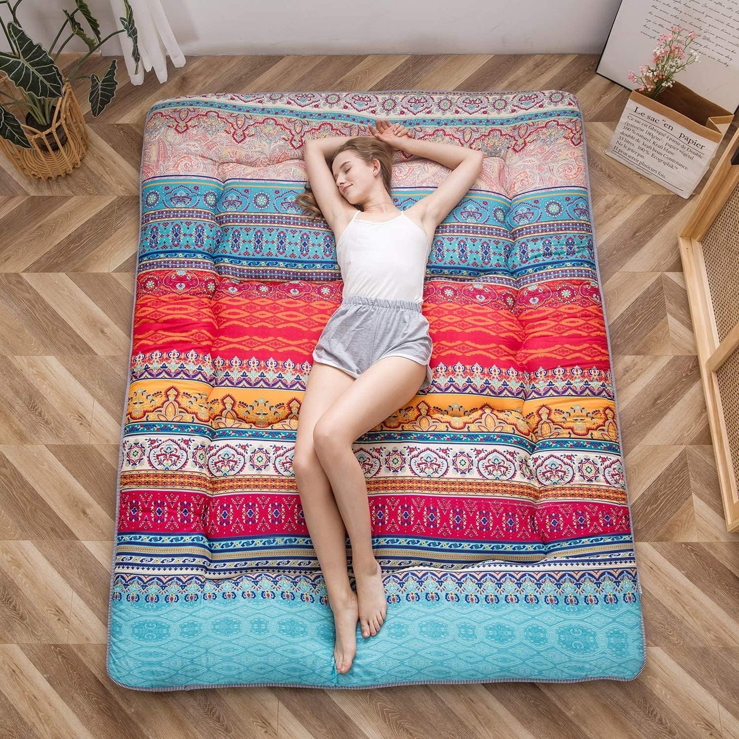 MAXYOYO Bohemian Retro Mattress Boho Floral Japanese Futon Mattress Tatami Floor Mat Foldable Portable Camping, Sleeping Pad, Lounger Couch Bed Full Size