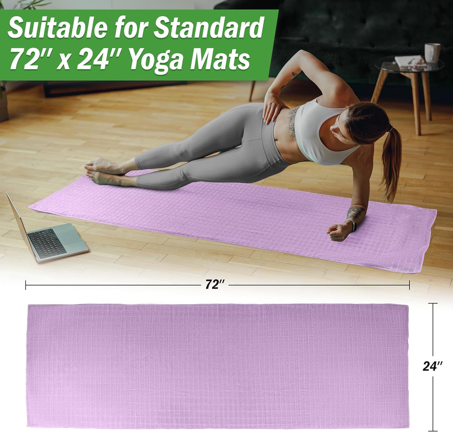 Yoga Mat Towel and Gym Towel Set - 2-Piece Non Slip Set for Hot Yoga, Pilates, and Gym - 72” x 24” Sweat Absorbent and Quick Drying Blanket with Corner Pockets for Mats by Wakeman (Gray)