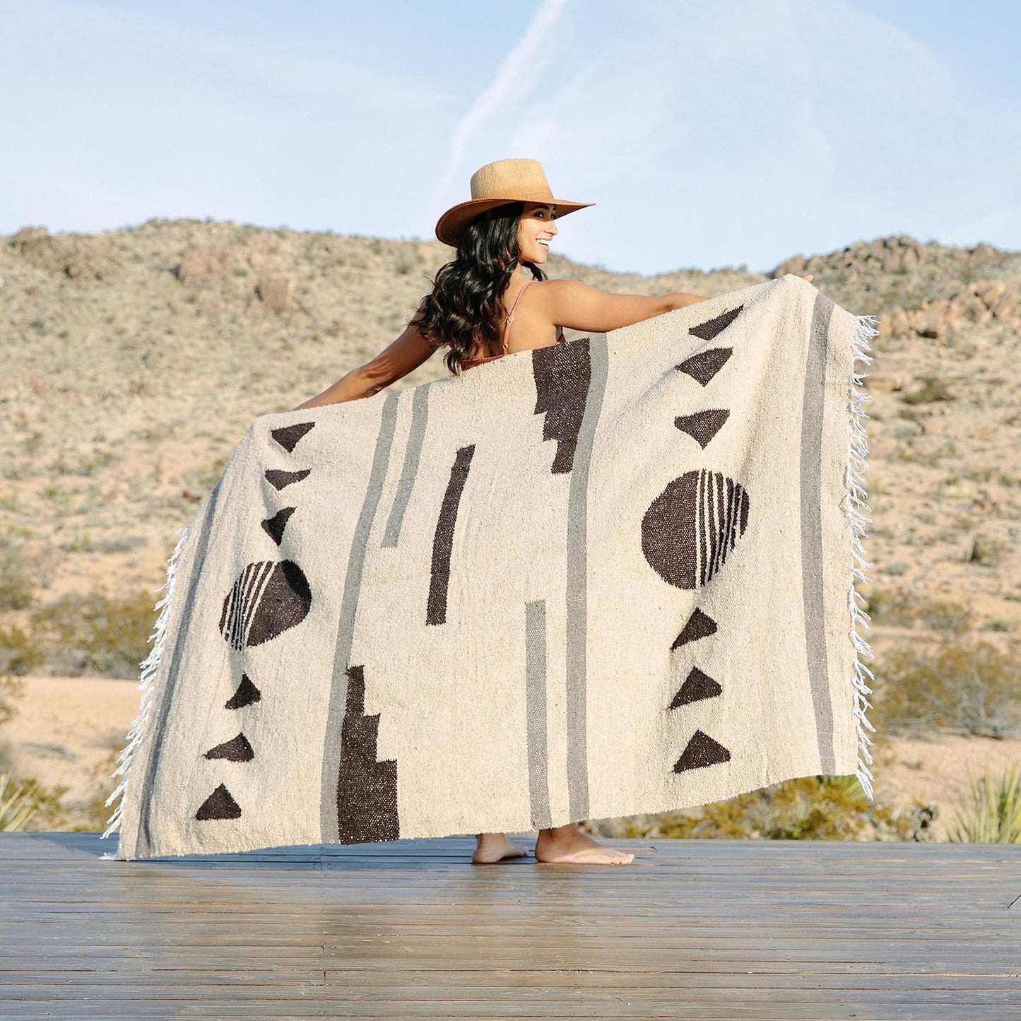 Mexican Blanket by Laguna Beach Textile Co - Beach, Yoga, Camping, or Decorative Throw Blanket - Traditional Handmade Serape (Ivory)