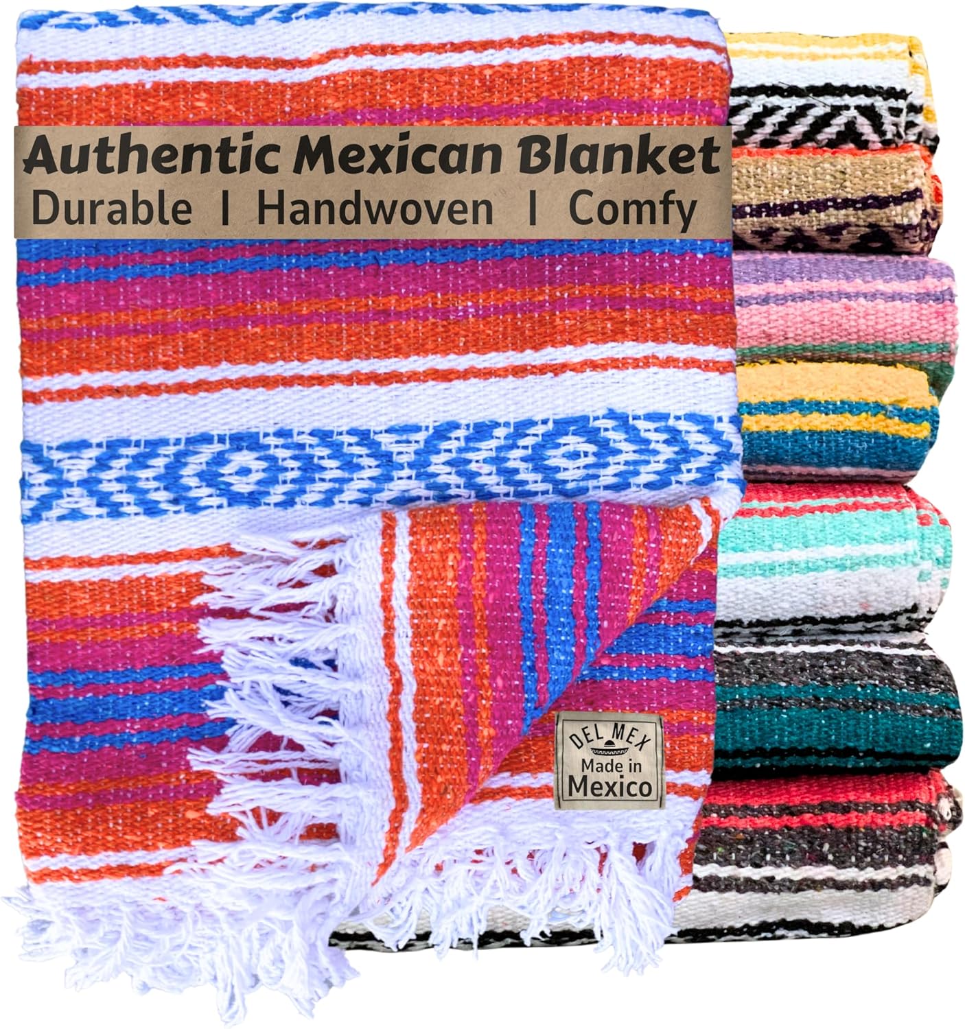 Del Mex Classic Mexican Blanket, Large Authentic Woven Falsa Throw (70"x50"), Artisan Southwest Décor for Beach, Yoga, Outdoors (Lavender)