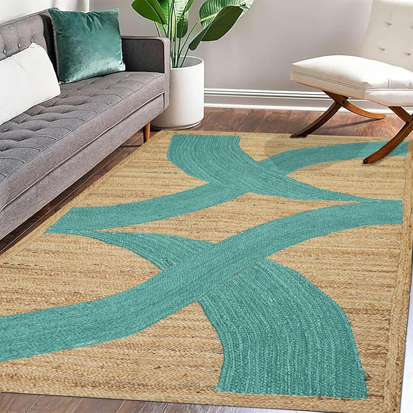 Premium Quality Jute Rug 4x6 Feet Area Rug Natural Fiber Jute Rugs Thick 0.27" Black Abstract Pattern Geometric Rugs for Kids Room, Living Room, Yoga Mat, Indoor Outdoor Carpet - Colors A