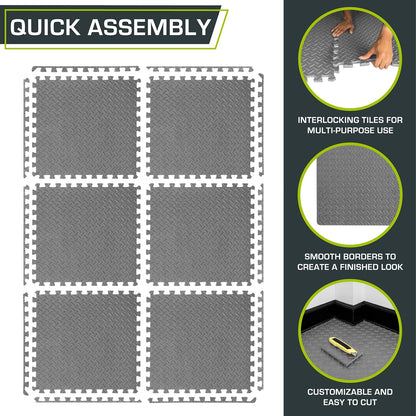 ProsourceFit Exercise Puzzle Mat ½-inch, EVA Interlocking Foam Floor Tiles for Home Gym, Workout Equipment, Kids Play Areas, Black, 24 SQ FT - 6 Tiles