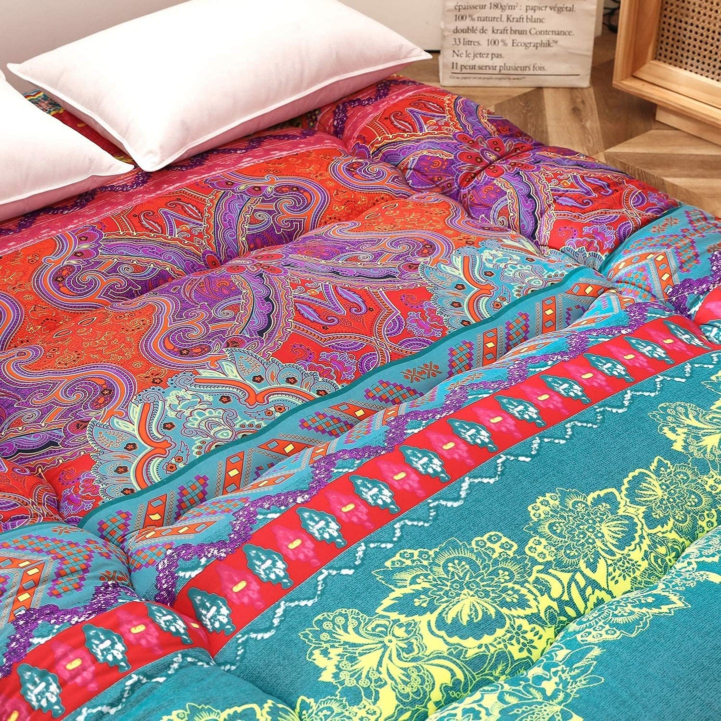 MAXYOYO Bohemian Retro Mattress Boho Floral Japanese Futon Mattress Tatami Floor Mat Foldable Portable Camping, Sleeping Pad, Lounger Couch Bed Full Size