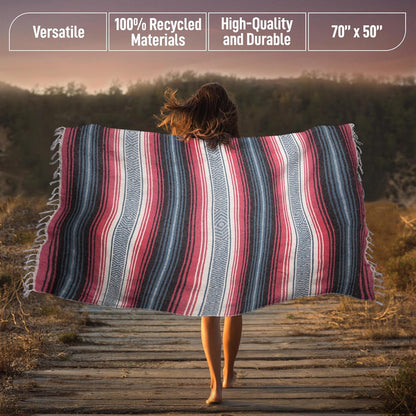 Hydration Nation Authentic Large Handwoven Mexican Blanket - Soft Yoga - Durable Serape - Lightweight Falsa, Beach, Camping, Picnic, Outdoor 70"x50" - Mandarin