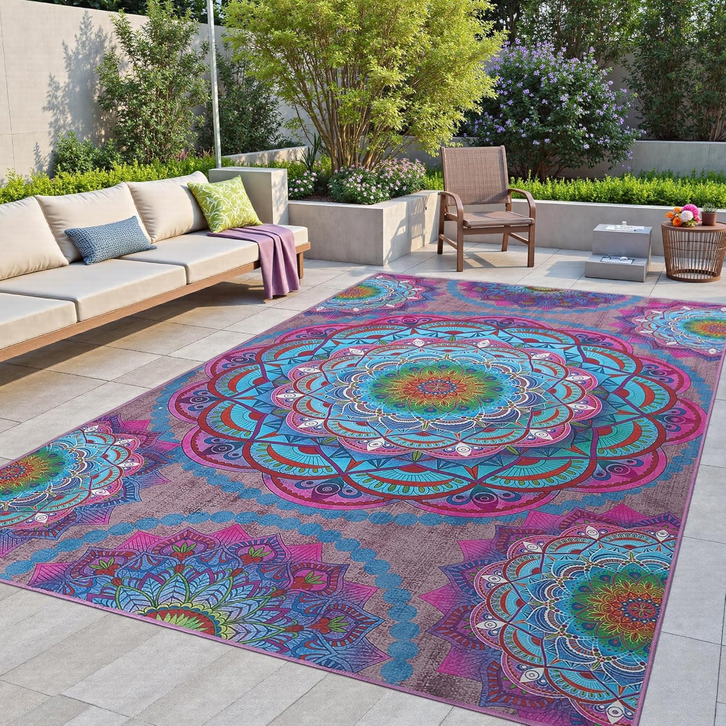 Arenarug Meditation Indoor Outdoor Rug 5x8 ft Mandala Pattern Rug Boho Style,Yoga Meditation Mat Picnic Rug for Patio Living Room Porch Garden Deck Backyard Easy to Clean Non Shedding Non-Slip