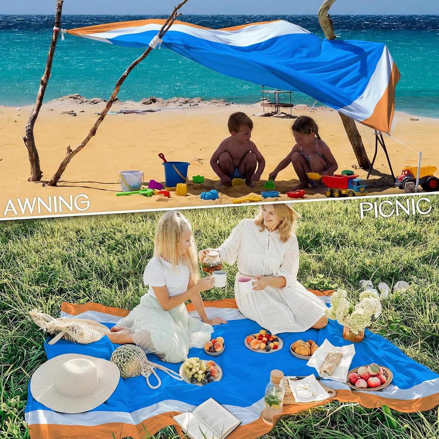 BYDOLL Beach Blanket Waterproof Sandproof Large Sand Free,78''X81''/10'X9' Oversized Sandless Lightweight Blanket Picnic Mat for Beach Travel Camping Hiking with Stakes
