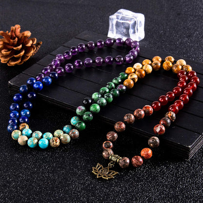 Bivei 7 Chakra 108 Mala Beads Bracelet Real Gemstone Yoga Meditation Hand Knotted Mala Prayer Bead Necklace