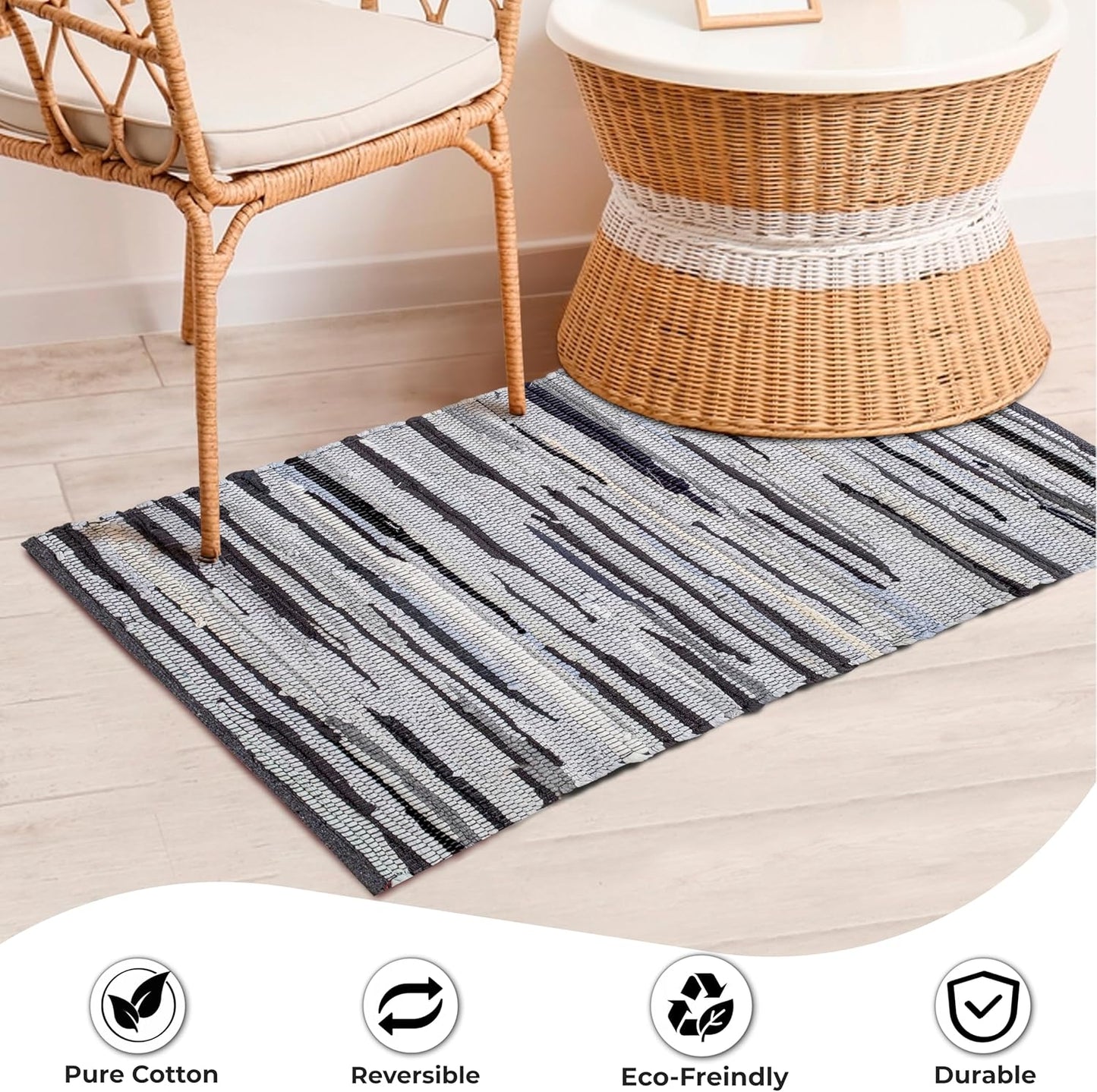 Ramanta Home 100% Cotton Chindi Hosiery Rug 24x36 Inch - Dark Multi, Farmhouse Reversible Soft Bohemeian Rugs Ideal for Entryways, Kitchen, Bedroom | Durable Lightweight Handmade Accent Doormat