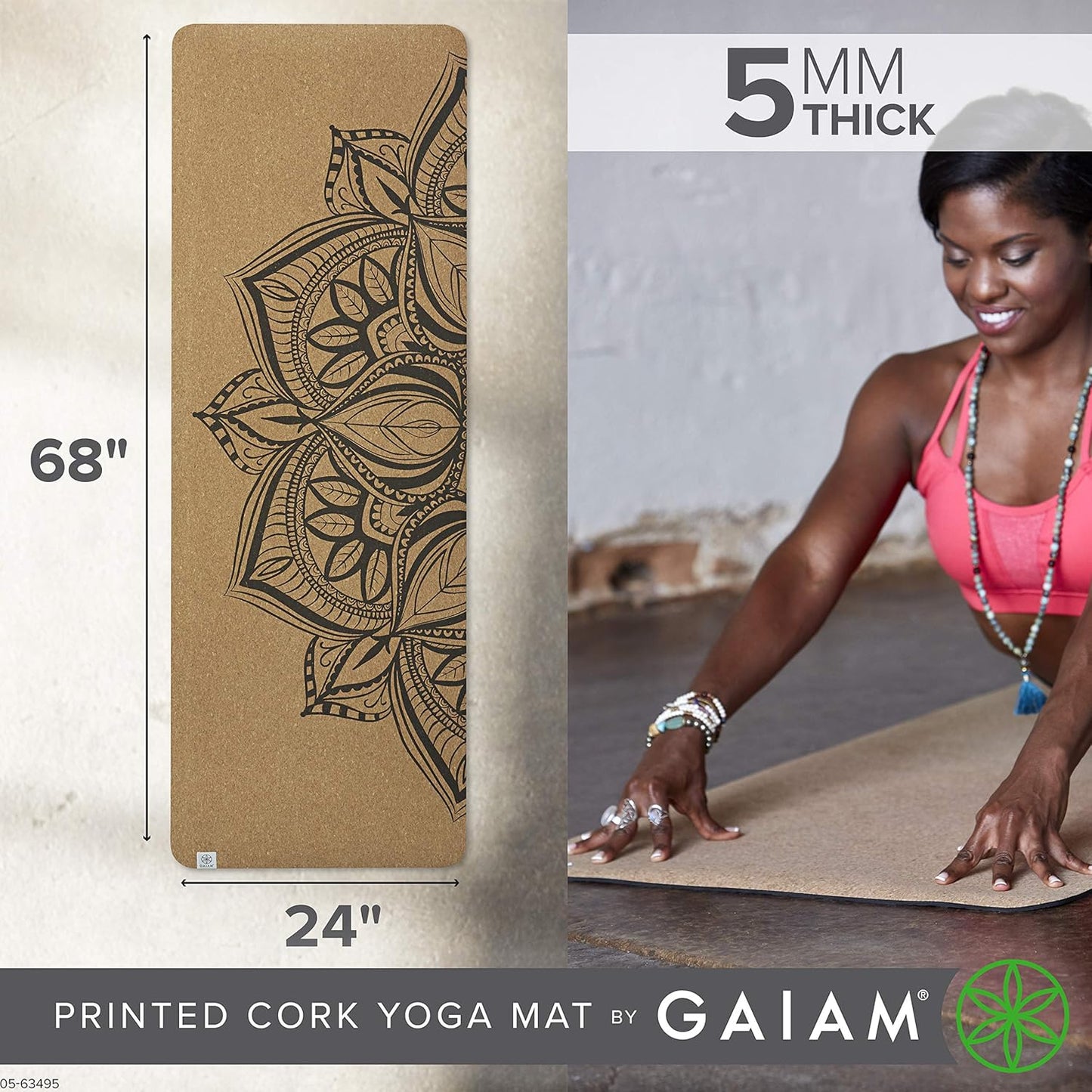 Gaiam Cork Yoga Exercise Mat | Natural Sustainable Cork Resists Sweat and Odors | Non-Slip TPE Backing Prevents Slipping| Great for Hot Yoga, Pilates, Fitness Working Out (68" x 24")
