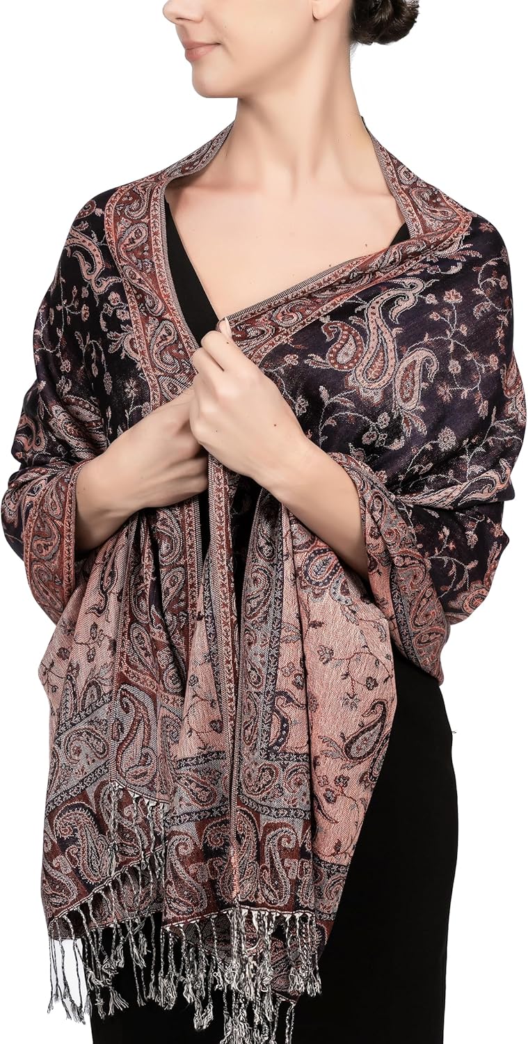 Achillea Reversible Paisley Pashmina Rave Scarf – Exotic Indian Shawls and Wraps for Evening Dresses, Festivals, All Seasons - Colors A