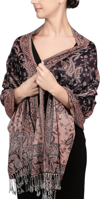 Achillea Reversible Paisley Pashmina Rave Scarf – Exotic Indian Shawls and Wraps for Evening Dresses, Festivals, All Seasons - Colors A