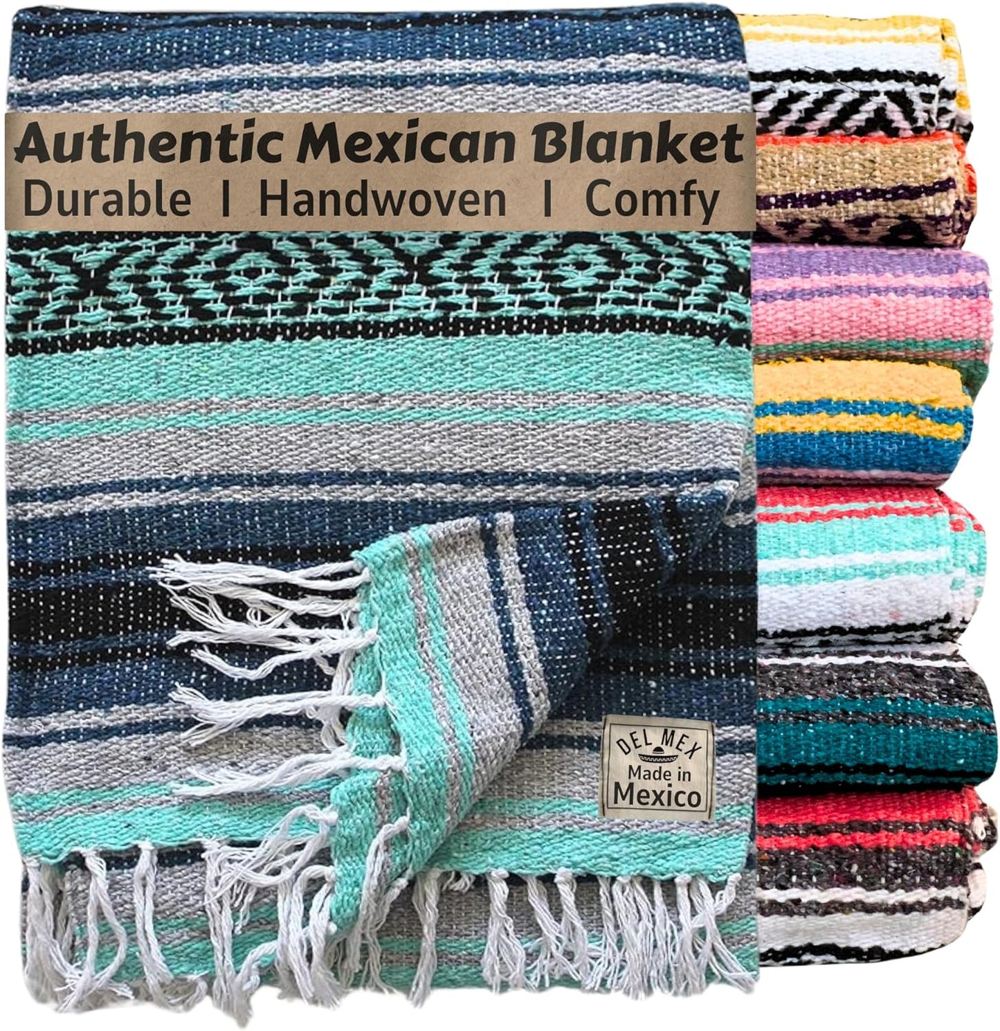 Del Mex Classic Mexican Blanket, Large Authentic Woven Falsa Throw (70"x50"), Artisan Southwest Décor for Beach, Yoga, Outdoors (Lavender)