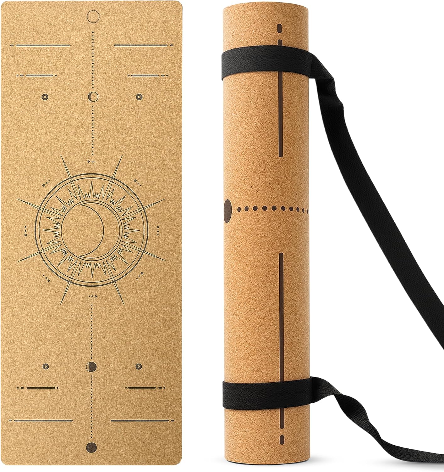 Cork Yoga/Excercise Mat with Carrying Strap | 72in x 26in | 5mm Thick | Luxury | Eco-Friendly | Non-Slip & Water Absorbent | Alignment and Pose Markers | Laser Engraved Design | Pilates