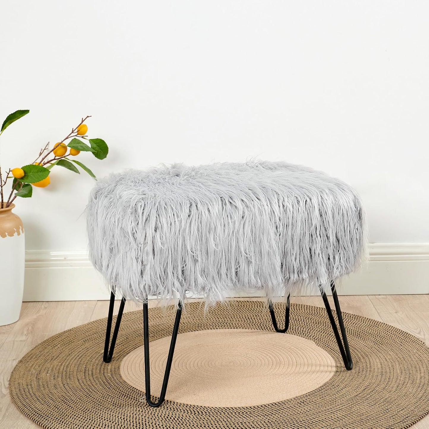 Home Soft Things Green Mongolian Faux Fur Ottoman, Desert Sage, 19'' x 13'' x 17'', Cozy Plush Fluffy Ottoman Foot Rest Stool for Living Room Bedroom Entryway Makeup Bench End of Bed Home Décor