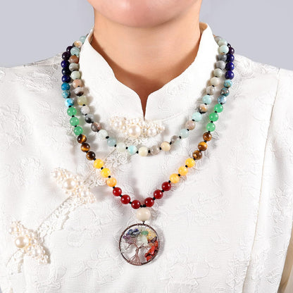 Bivei 108 Mala Beads Necklace Life Tree 7 Chakra Wrap Bracelet Real Healing Gemstone Yoga Meditation Hand Knotted Mala Prayer Bead Necklace