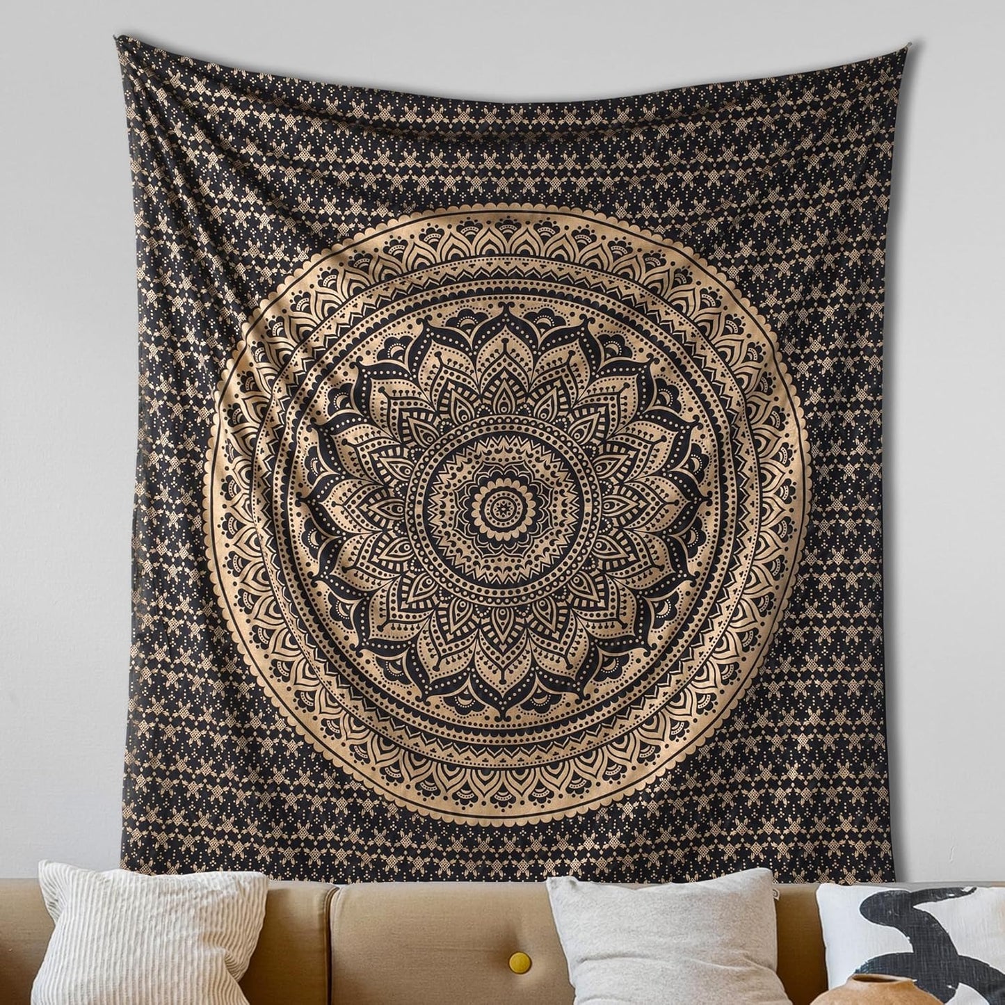 THE ART BOX Original Gold Tapestry Wall Hanging Mandala – Cotton Throw Tapestry – Boho Bedding White and Gold Medium Bedspread 54x60 Inches – Meditation & Yoga Rug Mat