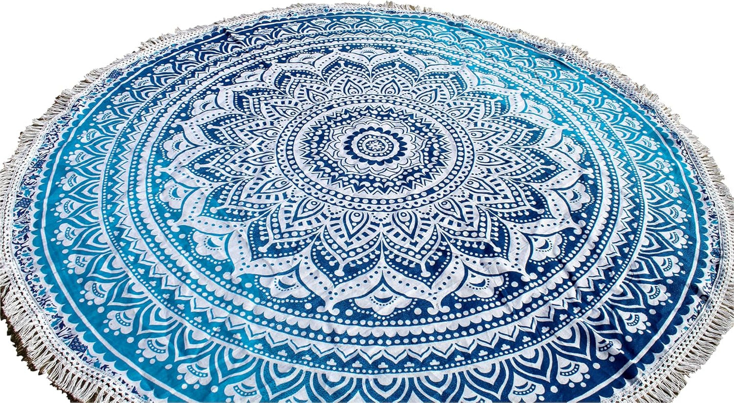 Mandala Round Beach Tapestry Boho Hippie Blanket Bohemian Large Table Cloth Home Decor Yoga Mat Meditation Picnic Rug Throw Hippy Gypsy Tablecloth Roundie (42 Inches, Orange And Blue)
