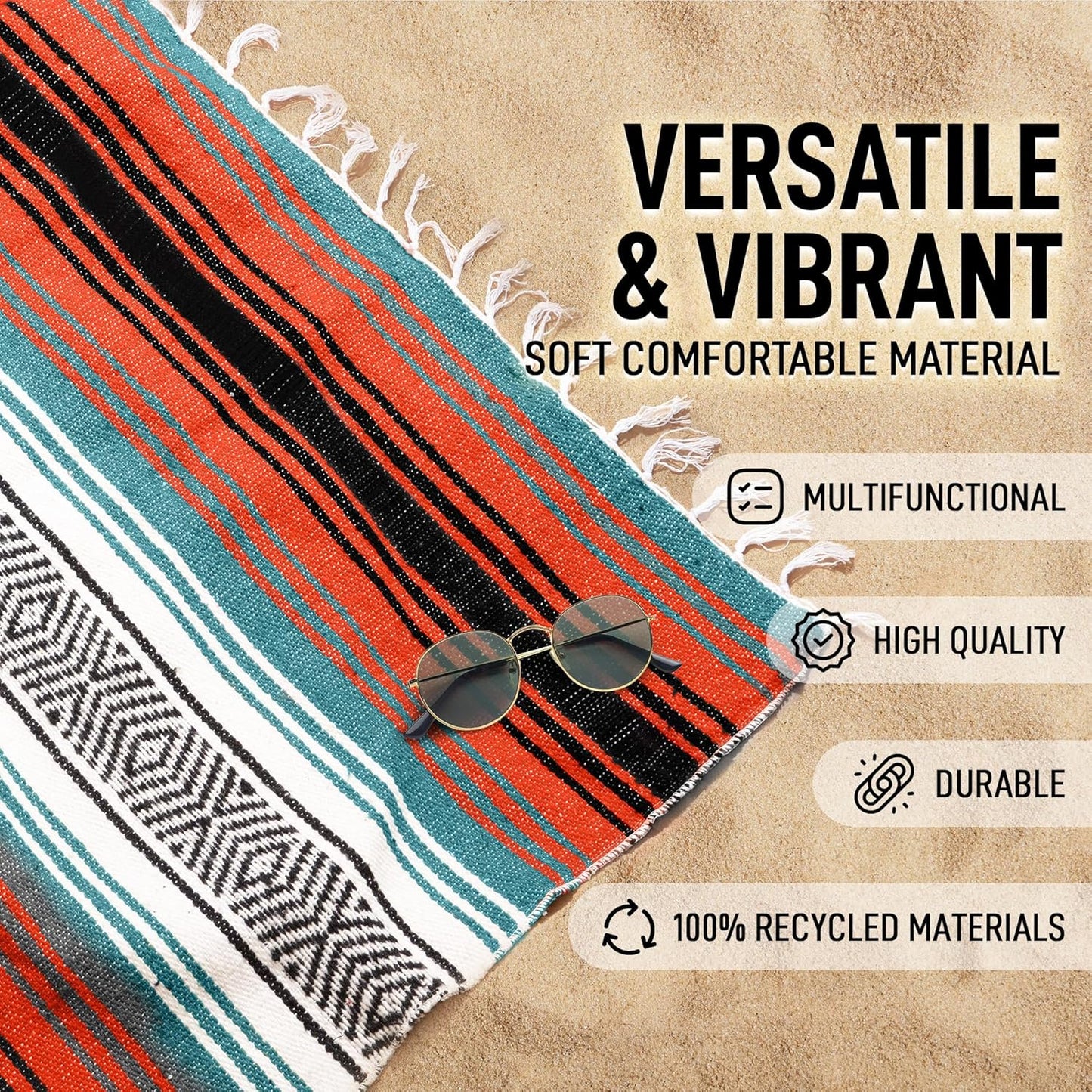 Hydration Nation Authentic Large Handwoven Mexican Blanket - Soft Yoga - Durable Serape - Lightweight Falsa, Beach, Camping, Picnic, Outdoor 70"x50" - Mandarin