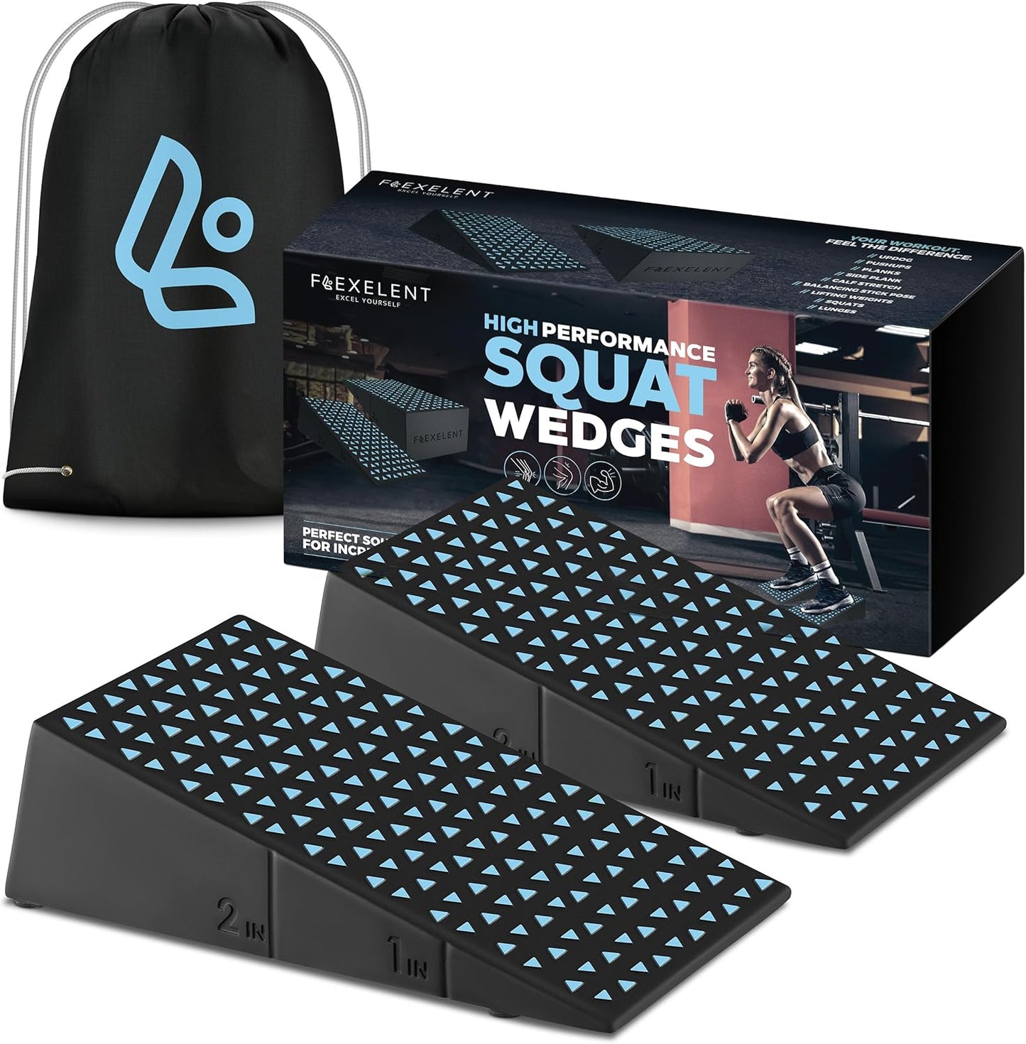 Flexelent Squat Wedge Block Pair - Heel Elevated Squat Wedge for Deeper Squats, Heavy Lifting and Better Form - 17° Angle Exercise Wedges, Slant Board for Squats with Carry Backpack