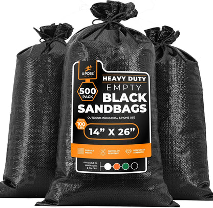 Xpose Safety Heavy Duty Sand Bags with Tie Strings – Empty Woven Polypropylene Sandbags for Hurricane Flood Protection, 100 lb Capacity, 14" x 26", Black, Pack of 10