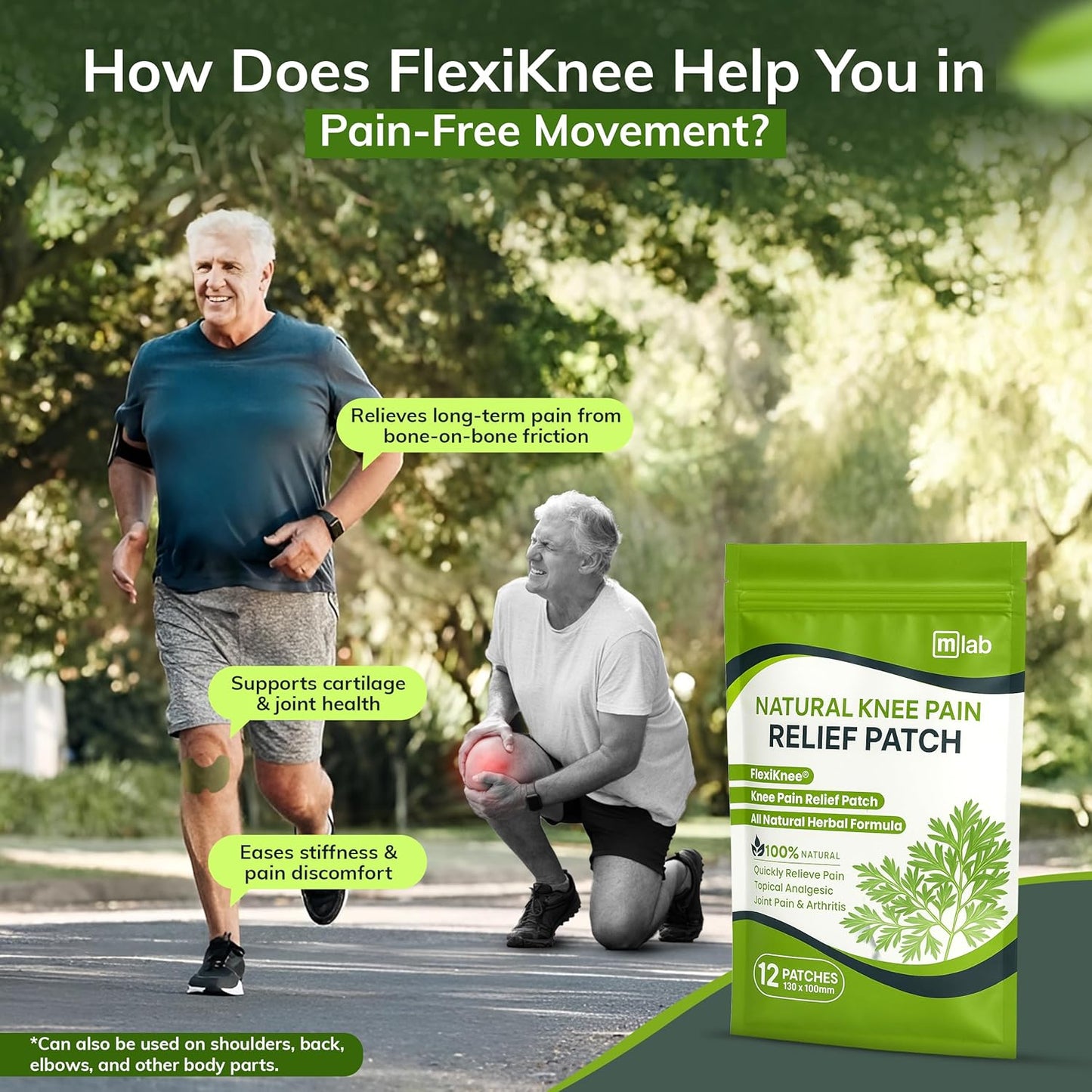 FLexiknee Warming Herbal Pain Patches for Knees w/ 12-Hour Extra Strength & Adhesion - Bone-on-Bone, Joint Ache, Muscle Soreness Support - 12 Heat Patches for Pain Relief for Knees, Back & Neck
