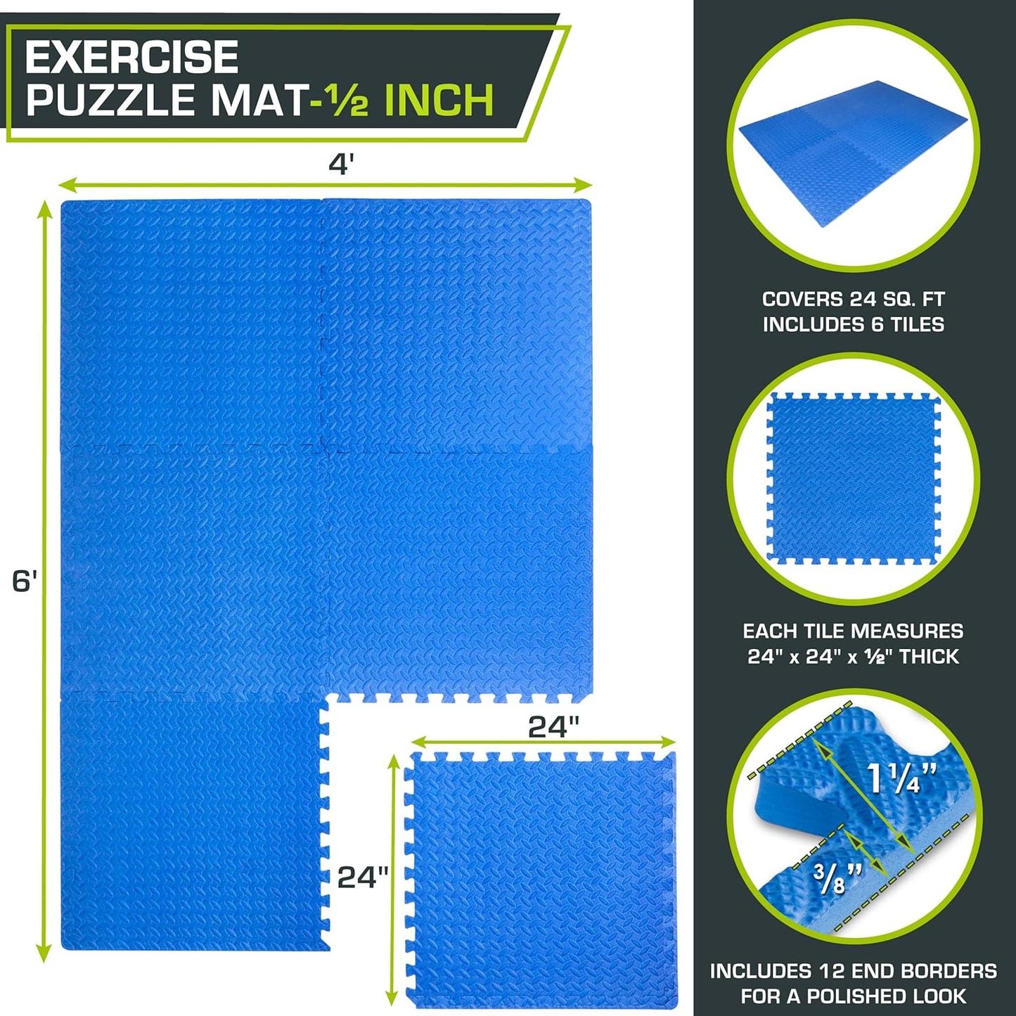 ProsourceFit Exercise Puzzle Mat ½-inch, EVA Interlocking Foam Floor Tiles for Home Gym, Workout Equipment, Kids Play Areas, Black, 24 SQ FT - 6 Tiles