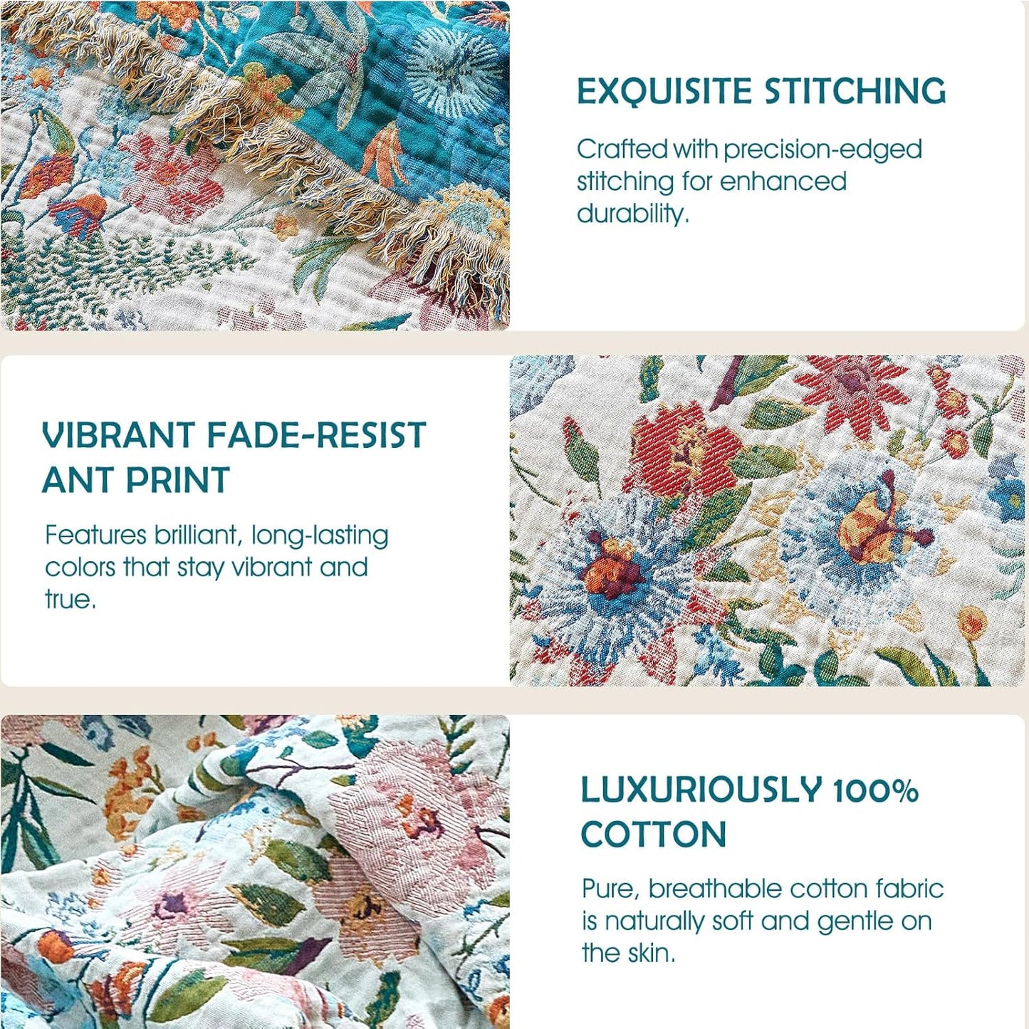 Boho Throw Blanket - 100% Cotton Soft Summer Throw Blanket for Bed, 50"x60" Reversible Breathable Lightweight Blankets, All Seasons Farmhouse Decor Floral Plant Butterfly Throw Quilt