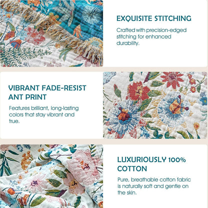 Boho Throw Blanket - 100% Cotton Soft Summer Throw Blanket for Bed, 50"x60" Reversible Breathable Lightweight Blankets, All Seasons Farmhouse Decor Floral Plant Butterfly Throw Quilt