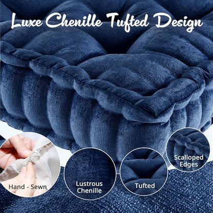 Intelligent Design Large Floor Pillow for Adults Yoga or Meditation Cushion with Handle, Floor Cushion for Board Games, Lustrous Chenille Tufted, Handsewn Scalloped Edge, Azza, 24" x 24" x 5" Yellow