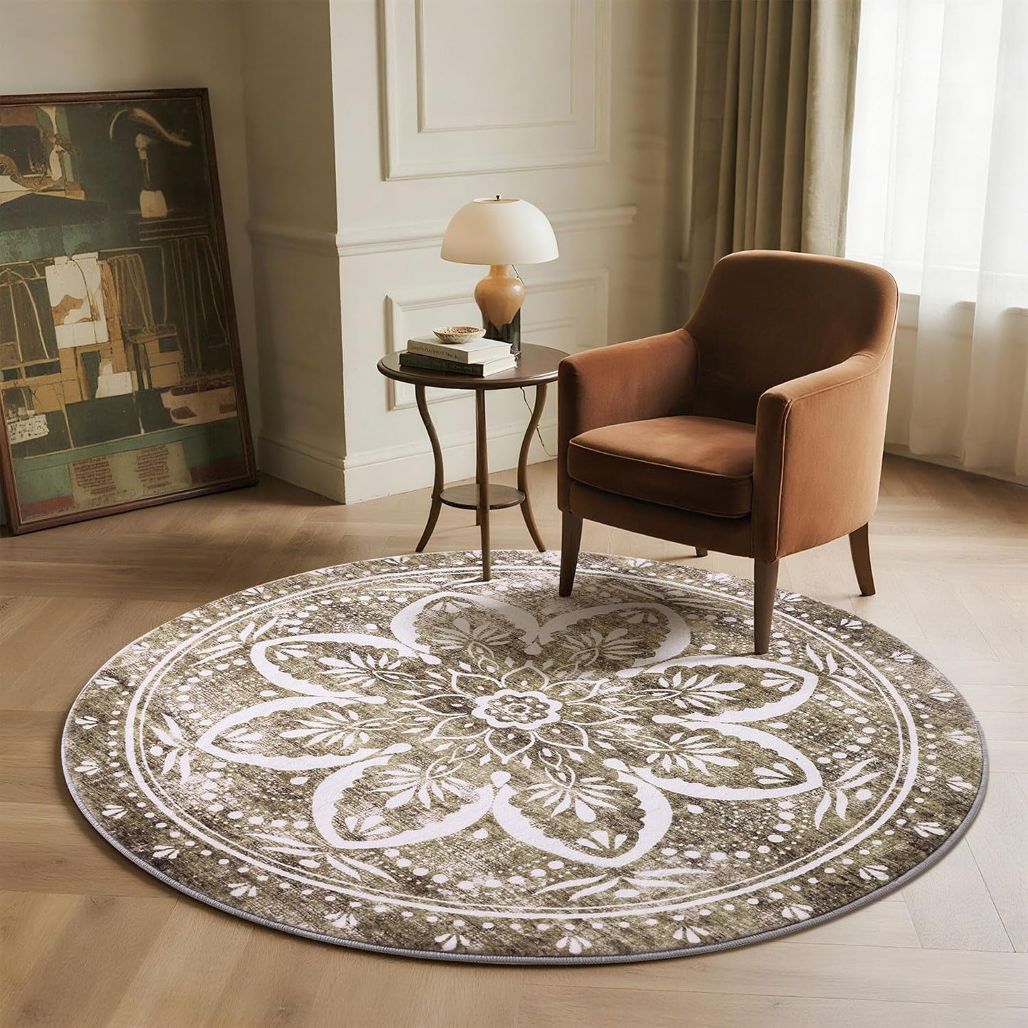 Carvapet 4ft Washable Round Rugs, Modern Abstract Circle Rug, Non Slip Rubber Backing Foldable Low Pile Carpet for Living Room Bedroom, 4ft Red/Orange Rug