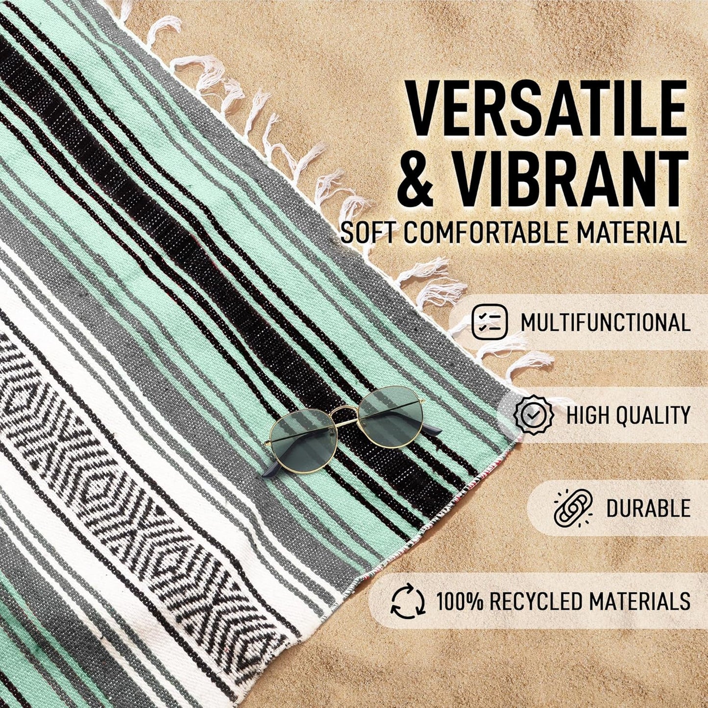 Hydration Nation Authentic Large Handwoven Mexican Blanket - Soft Yoga - Durable Serape - Lightweight Falsa, Beach, Camping, Picnic, Outdoor 70"x50" - Mandarin