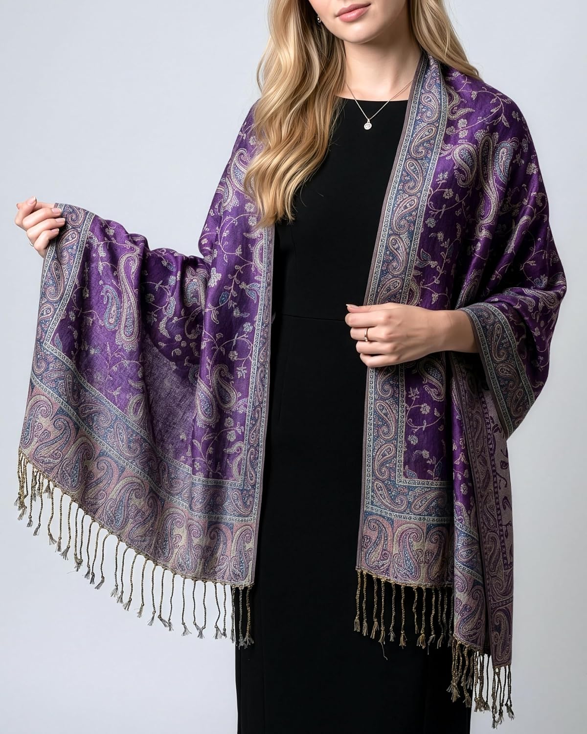Achillea Reversible Paisley Pashmina Rave Scarf – Exotic Indian Shawls and Wraps for Evening Dresses, Festivals, All Seasons - Colors A