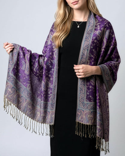 Achillea Reversible Paisley Pashmina Rave Scarf – Exotic Indian Shawls and Wraps for Evening Dresses, Festivals, All Seasons - Colors A