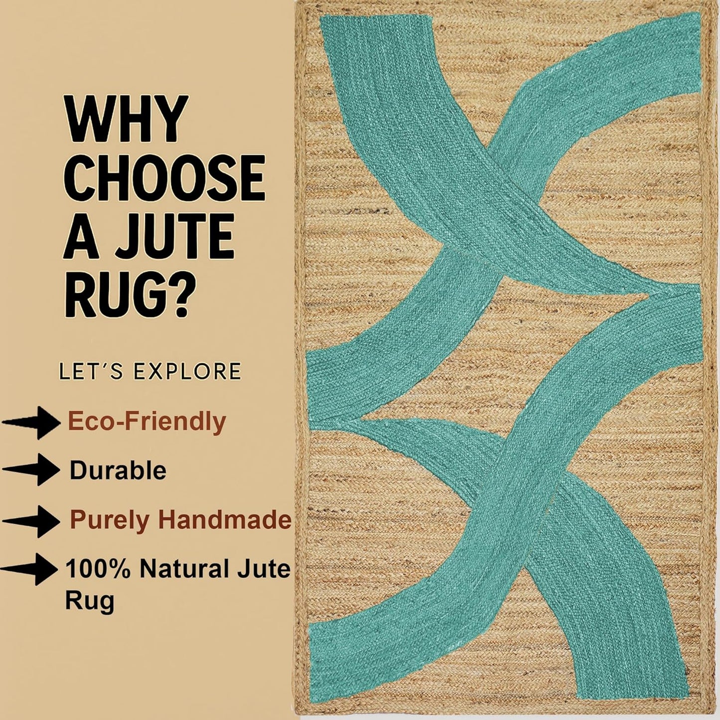 Premium Quality Jute Rug 4x6 Feet Area Rug Natural Fiber Jute Rugs Thick 0.27" Black Abstract Pattern Geometric Rugs for Kids Room, Living Room, Yoga Mat, Indoor Outdoor Carpet - Colors A