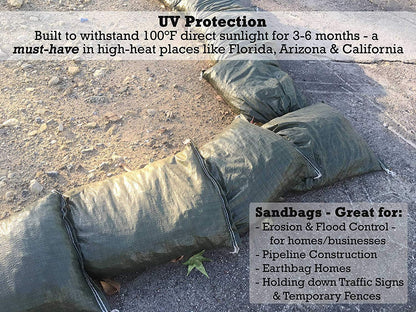 Polypropylene Olive Drab Rugged Sandbag | 14 Inches by 26 Inches | Pack of 15 | Military Grade | Protects Homes & Businesses From Flooding | Sand Bags Trusted by US Military & Red Cross