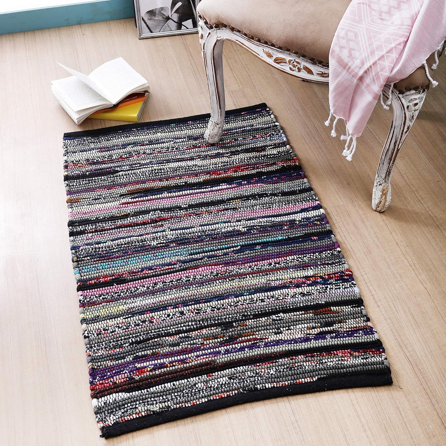 Ramanta Home 100% Cotton Chindi Hosiery Rug 24x36 Inch - Dark Multi, Farmhouse Reversible Soft Bohemeian Rugs Ideal for Entryways, Kitchen, Bedroom | Durable Lightweight Handmade Accent Doormat