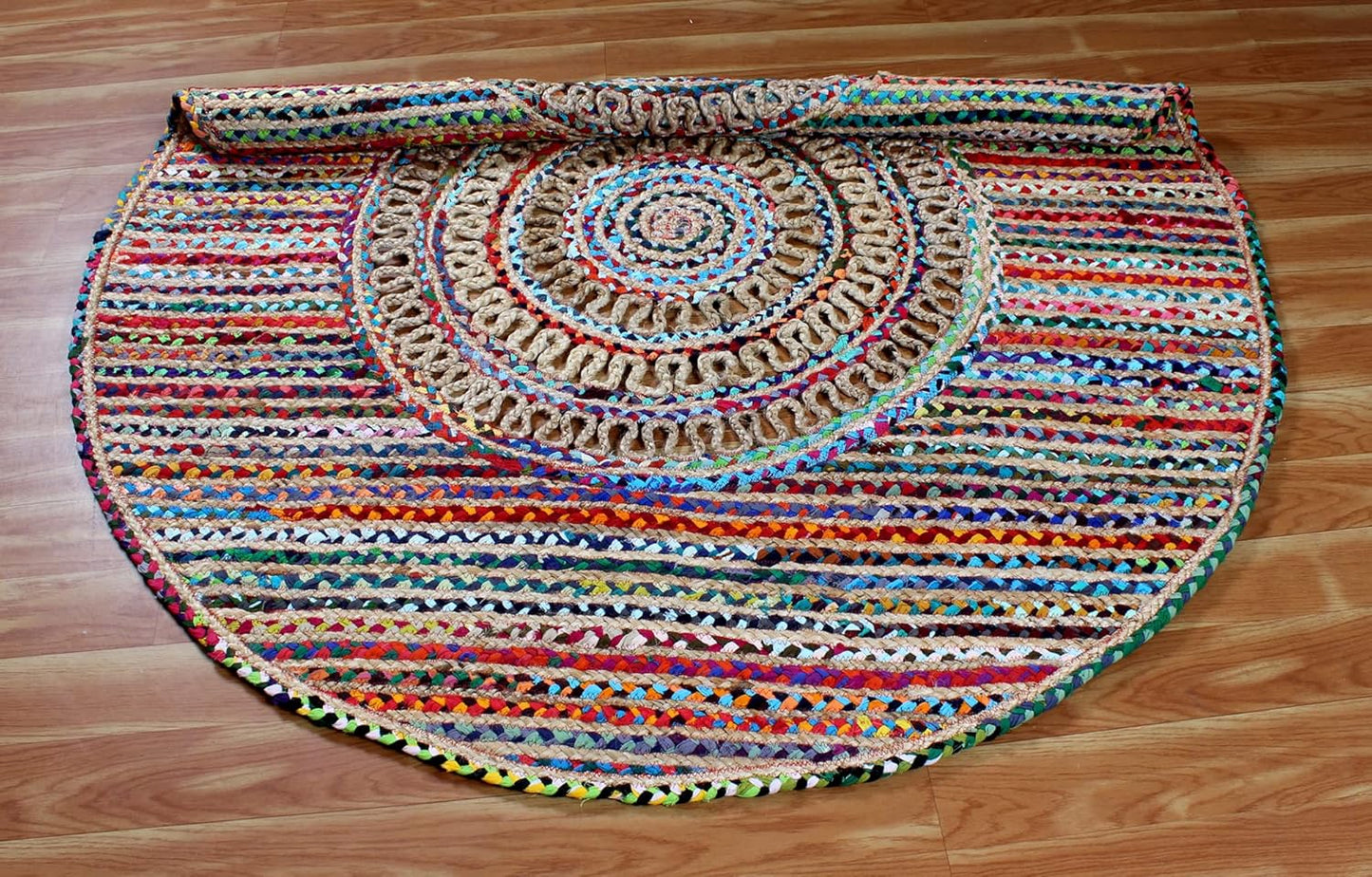 Collection Circle Area Rug - 3 x 3 Ft' Beige and Black Geometric Pettern Jute Mat Ideal for High Traffic Area in Hallway Bedroom Living Room Dining Room Kitchen Terrace Yoga Mat