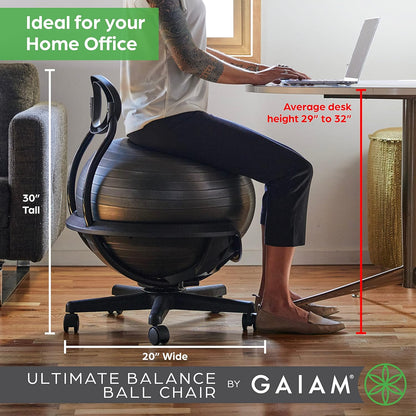 Gaiam 610-6002RTL Balance Ball Chair - Classic Yoga Ball Chair with 52cm Stability Ball, Pump & Exercise Guide for Home or Office, Black
