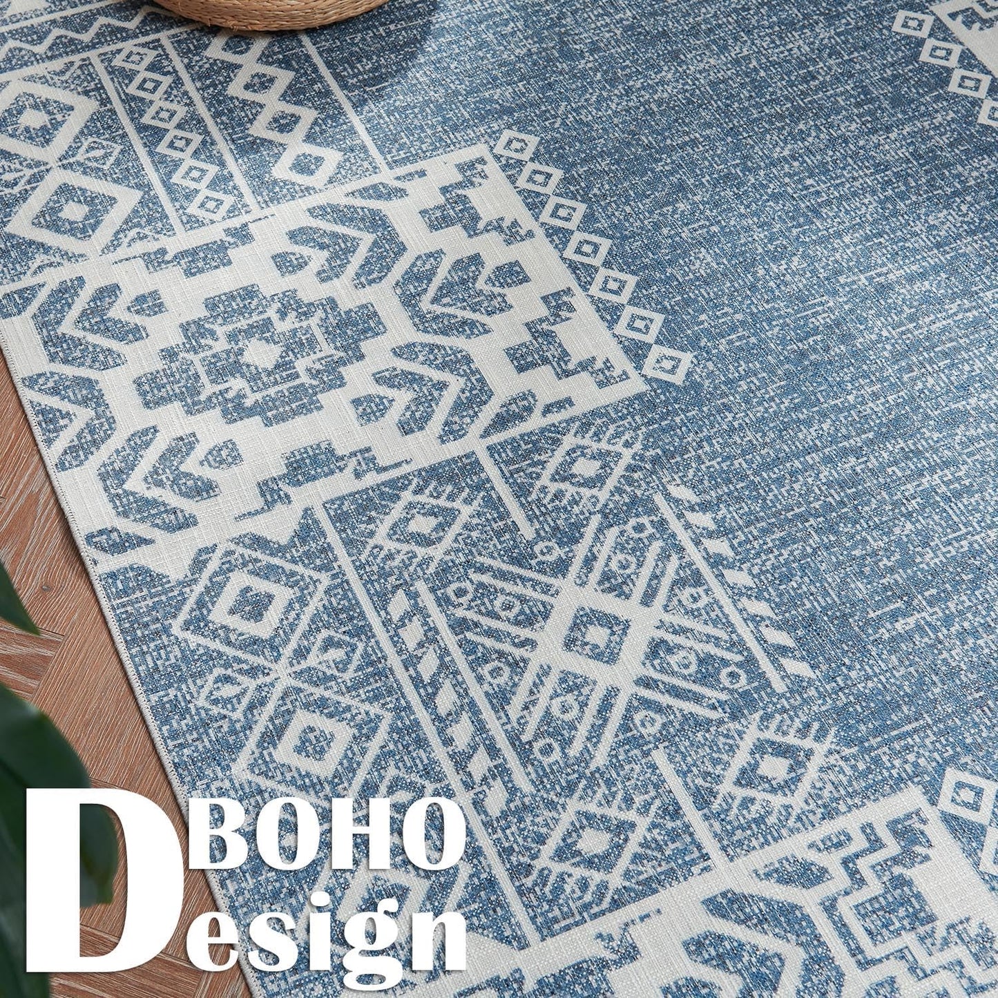 jinchan Area Rug 4x6 Ultra-Thin Washable Vintage Boho Geometric Entryway Rug Non-Slip Non-Shedding Carpet for Living Room Bedroom Blue Ivory