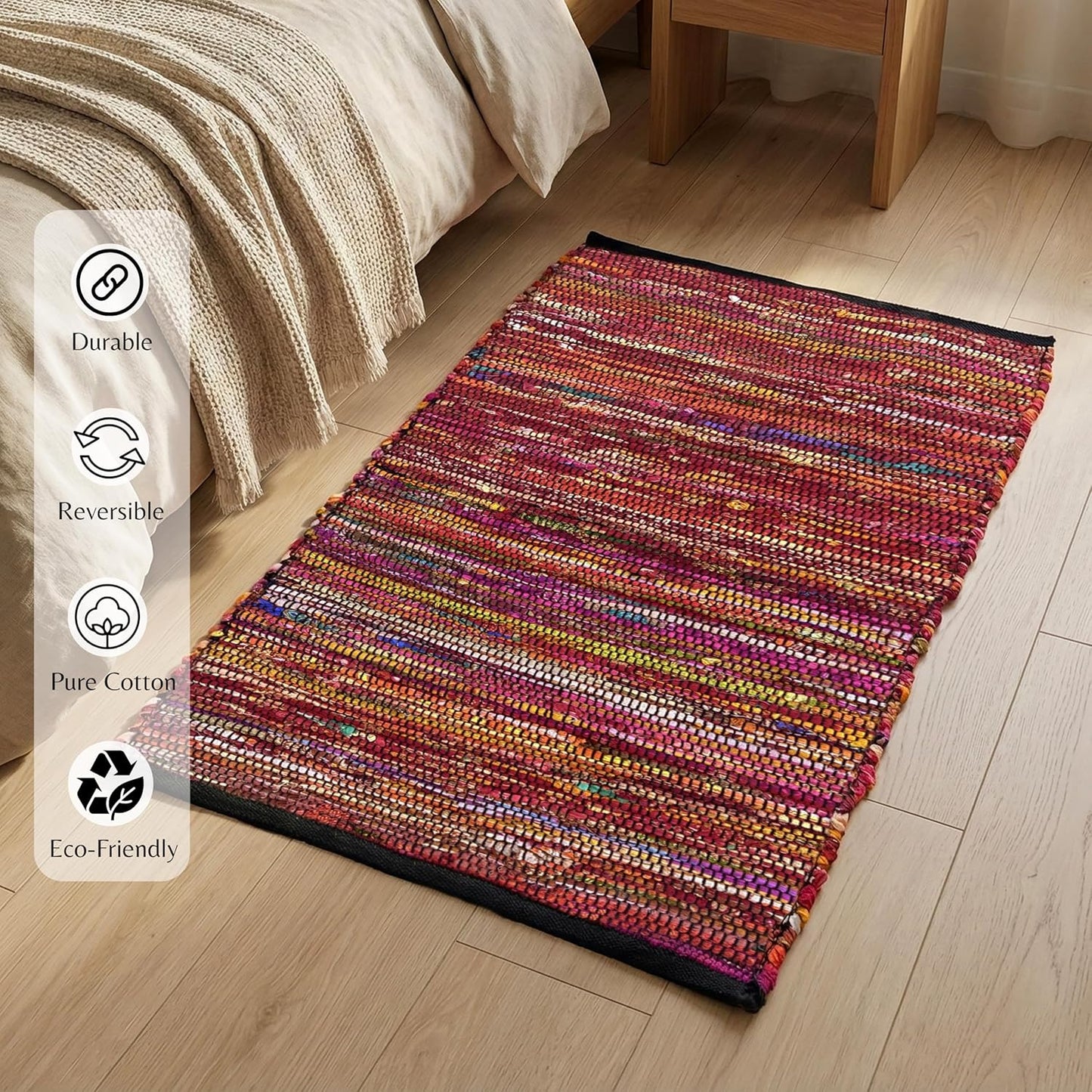 Ramanta Home 100% Cotton Chindi Hosiery Rug 24x36 Inch - Dark Multi, Farmhouse Reversible Soft Bohemeian Rugs Ideal for Entryways, Kitchen, Bedroom | Durable Lightweight Handmade Accent Doormat