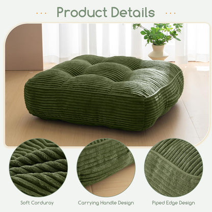 HIGOGOGO Floor Pillow Cushion for Adults, Meditation Cushion Pillow, Large Square Floor Sitting, Tufted Corduroy Cover, for Tatami Living Room or Yoga, 22x22 Inch, Dark Grey