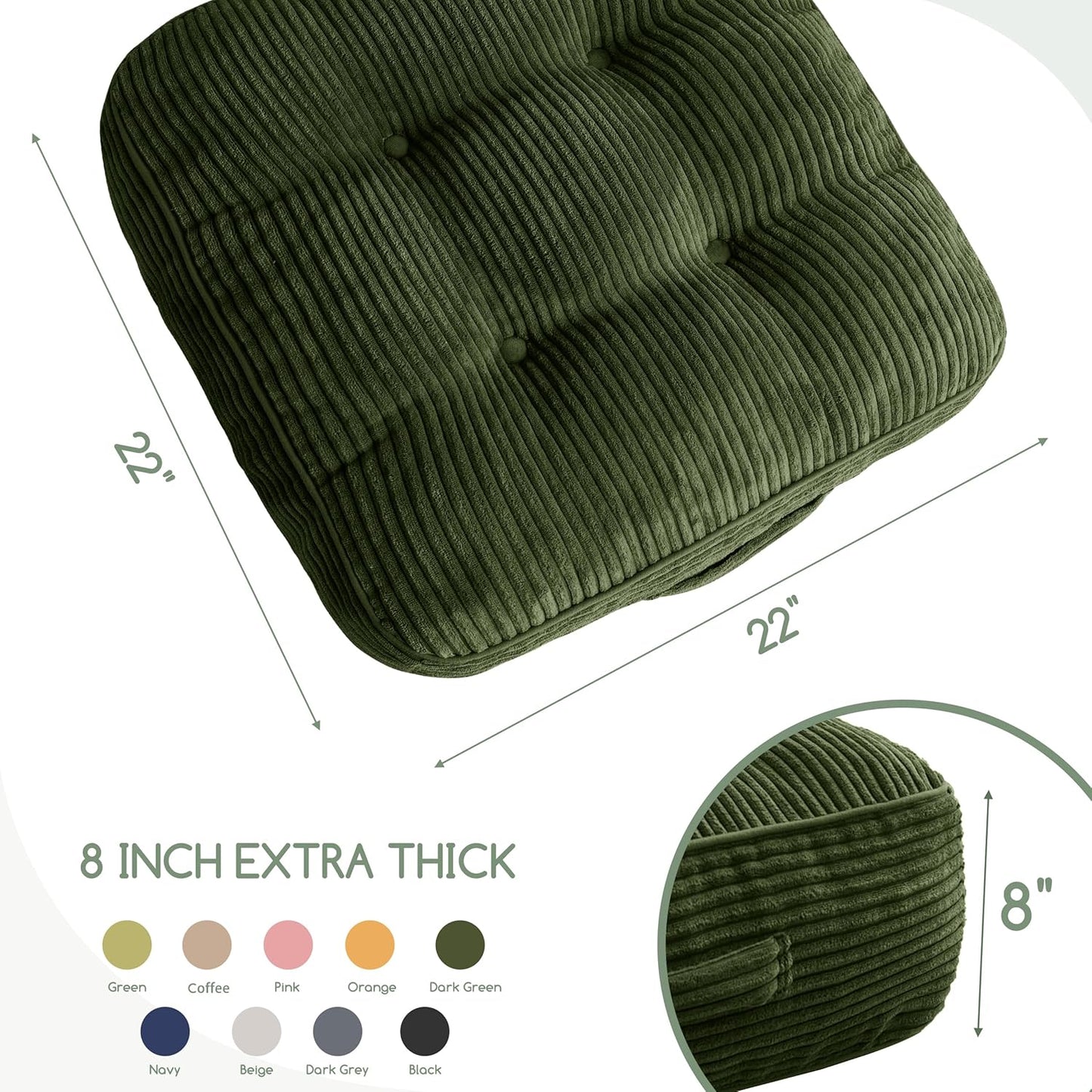 HIGOGOGO Floor Pillow Cushion for Adults, Meditation Cushion Pillow, Large Square Floor Sitting, Tufted Corduroy Cover, for Tatami Living Room or Yoga, 22x22 Inch, Dark Grey