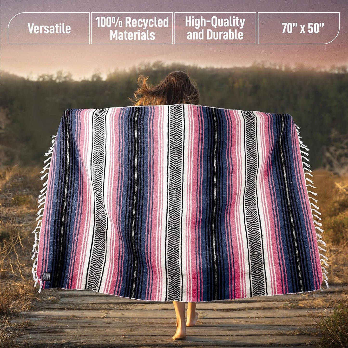 Hydration Nation Authentic Large Handwoven Mexican Blanket - Soft Yoga - Durable Serape - Lightweight Falsa, Beach, Camping, Picnic, Outdoor 70"x50" - Mandarin
